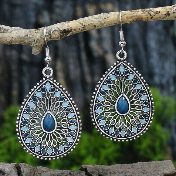 Blue Retro Color Block Alloy Turquoise Hook Geometric Drop Earrings Boho Ethnic - Picture 3 of 5